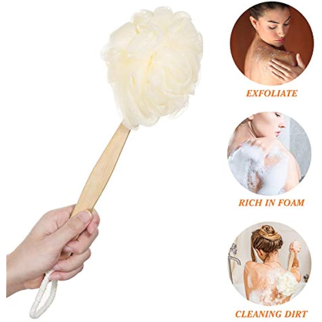 Healifty Body Scrubber for Shower with Wooden Long Handle Loofah, Body Shower Brush Back Scrubber, Loofah Sponge for Use in Shower and Bath, Exfoliate Dead Skin for Women, Men, Seniors