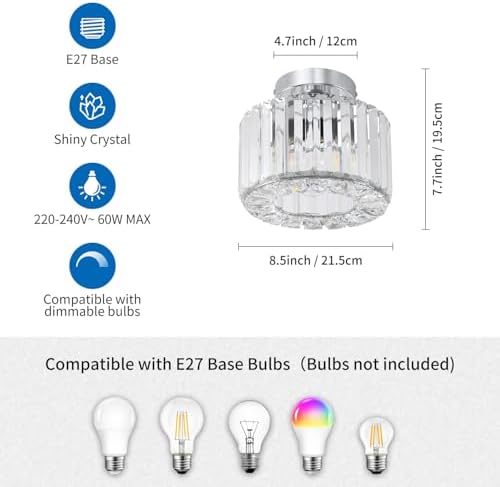 ANWIO Modern Crystal Ceiling Light, Chandeliers Ceiling,Semi Flush Light Fittings Ceilings,Hallway Ceiling Light for Bedroom Kitchen Bathroom,Silver Ceiling Light Shade(E27 Base,LAMP DIAM 21.5CM)