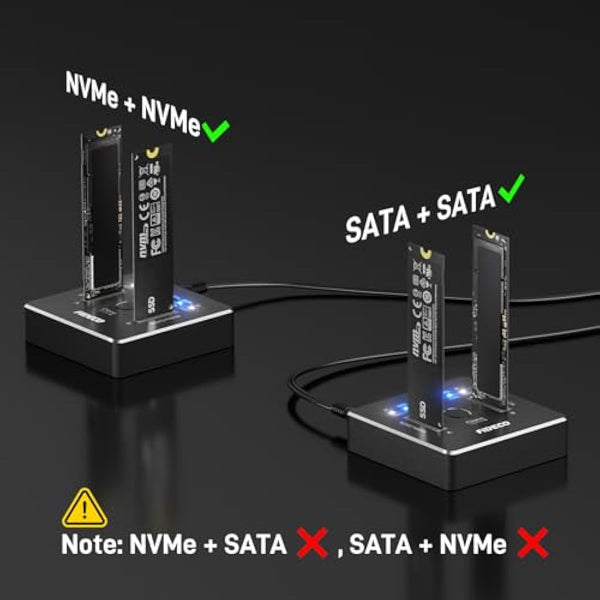 FIDECO M.2 NVMe SATA SSD Cloner Dock, USB 3.2 Gen 2, 20Gbps Dual NVMe SATA SSD Dock, NVMe SSD Cloner, Support Offline Clone, UASP and TRIM, Aluminum Design