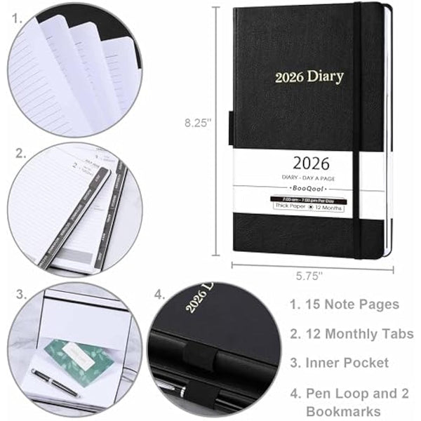 2026 Diary - Diary 2026 Page a Day from January 2026 to December 2026, Productivity Daily Planner with Monthly Tabs, Inner Pocket, Grey, Banded,14.3 X 21 cm