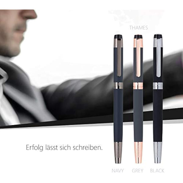 Cerruti 1881 Rollerball Pen „THAMES“ | Stainless Steel with Blue Rubberized Lacquer And Gun Plating | Black Ink | Gift Box