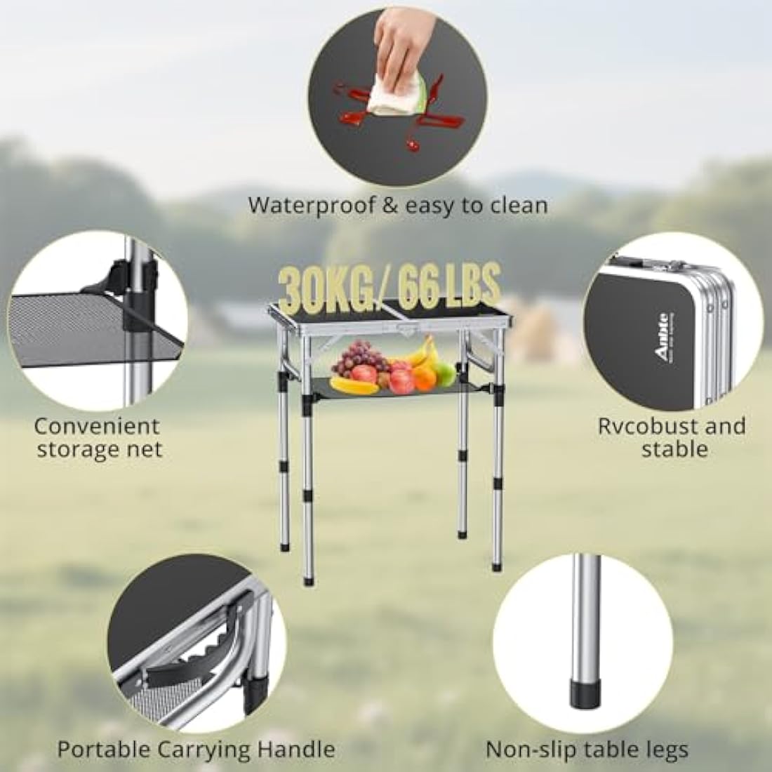 Anbte Folding Camping Table with Storage Net, 3 Adjustable Heights Aluminum Picnic Table, 2ft Portable Table Waterproof Lightweight, for Outdoor Indoor Garden Beach Backyard, 60cm x 40cm, black