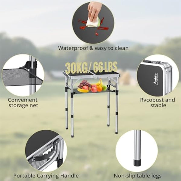 Anbte Folding Camping Table with Storage Net, 3 Adjustable Heights Aluminum Picnic Table, 2ft Portable Table Waterproof Lightweight, for Outdoor Indoor Garden Beach Backyard, 60cm x 40cm, black