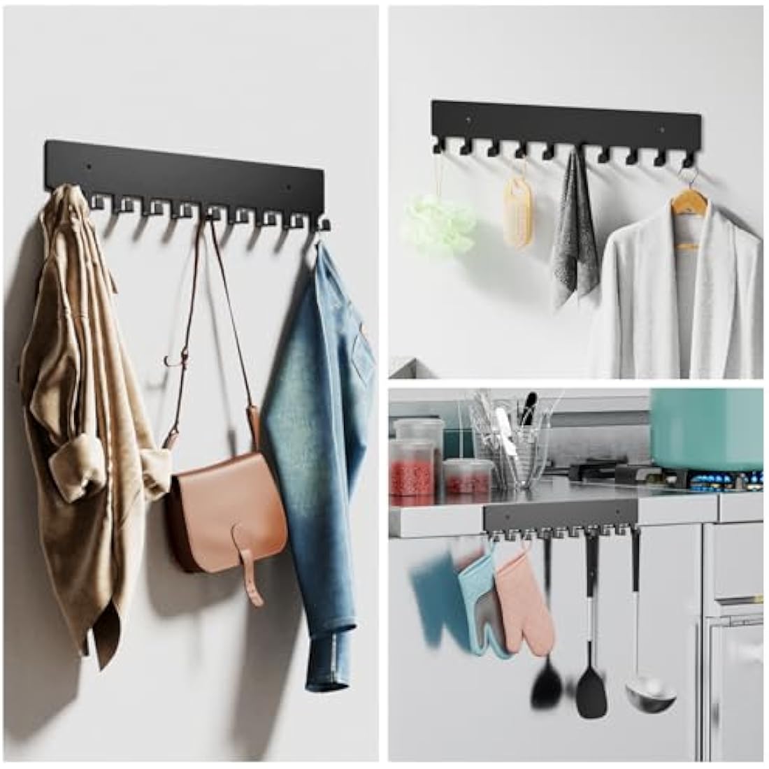 GTK Key Holder for Wall, Key Hooks with 10 Hooks, Wall Mounted Key Holder for Hallway, Self Adhesive Key Rack(Black)