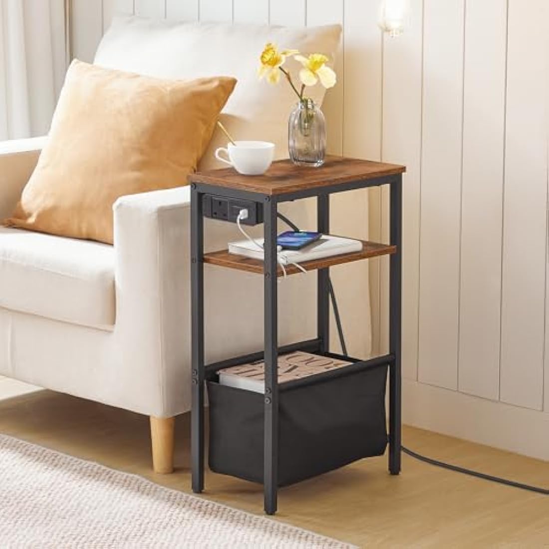 HOOBRO Narrow Side Table, Slim Side Table with Charging Station, USB Ports and Power Outlet, Bedside Table for Small Space, 40 x 20 x 60 cm, for Living Room, Rustic Brown and Black EBF125KBZ01