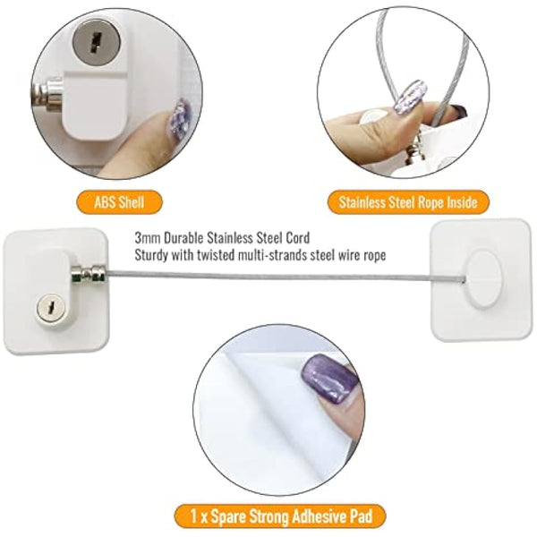 2 Pack Window Safety Locks with Keys, NewBinn Child Baby Safety Security Refrigerator Locks Cable, Adhesive Window Opening Restrictors Security Locks for Fridge Freezer Childproof