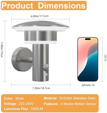 NBHANYUAN Lighting® Outdoor LED Wall Light with Motion Sensor 4 Modes Outside Lights SUS316 Stainless Steel Mains Powered PIR Weatherproof 3000K Warm White Light for Front Door, Porch 1000LM IP44