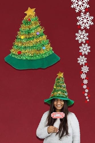 HENBRANDT Adult Christmas Tree Hat with Tinsel and Gold Star Topper 43cm | 17inch Christmas Holiday Party Headwear Fun Gift Xmas Fancy Dress Costume Accessory Novelty Hats for Men and Women