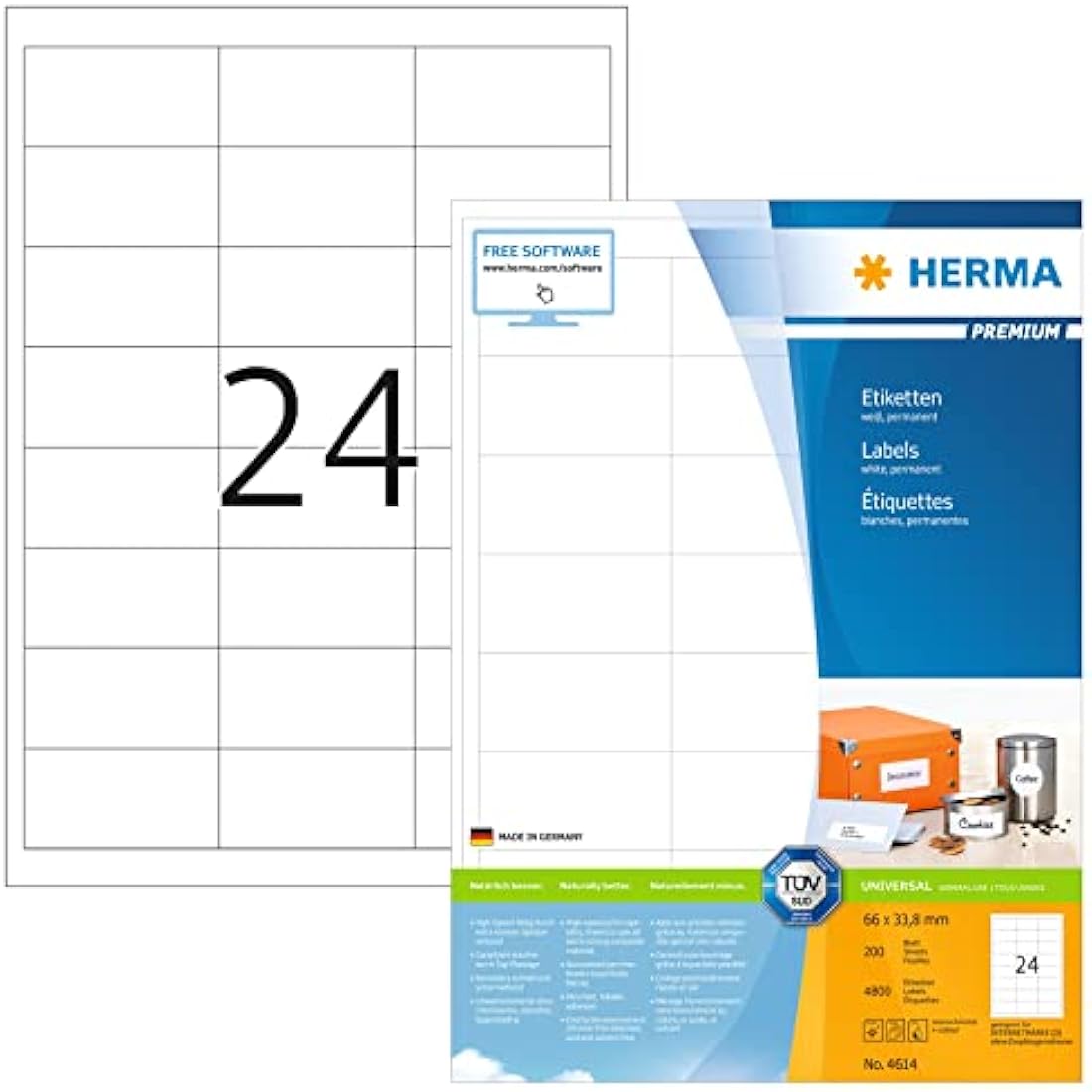 HERMA Self Adhesive Address Labels, 24 Labels per A4 Sheet, 200 Sheets, 66 x 33.8 mm, 4800 Labels, Blank Mailing Labels Stickers, Sticky Labels for Laser & Inkjet Printer, White