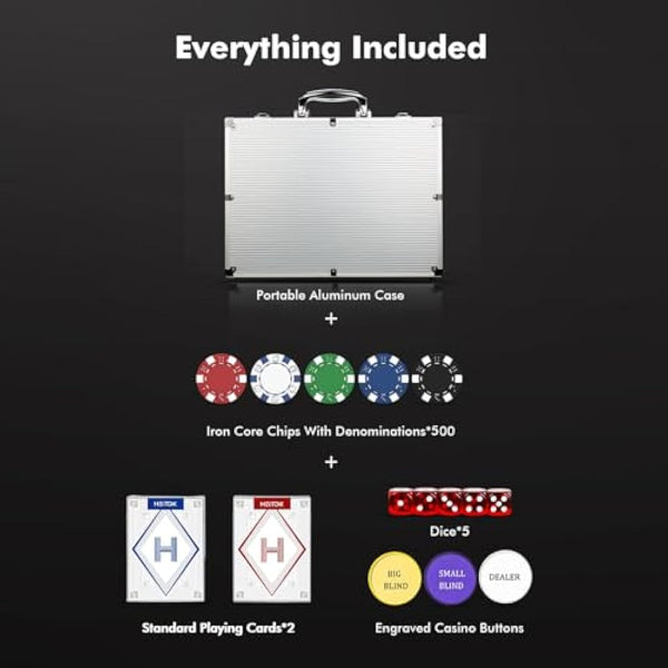 HEITOK Poker Chips, 500PCS Poker Chip Set with Aluminum Travel Case, Waterproof of 11.5 g Poker Set for Texas Holdem Blackjack Gambling