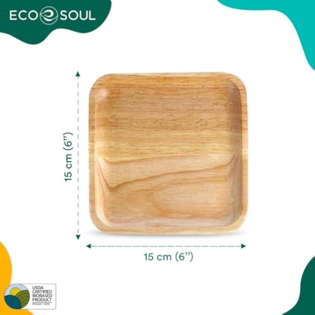 ECO SOUL 100 Disposable Palm Leaf Plates 6”(15cm) Square Small Bamboo Plate I Eco Friendly, Biodegradable, Compostable Heavy-Duty Plate, Wooden Plates for Party & Events I Microwave & Oven Safe