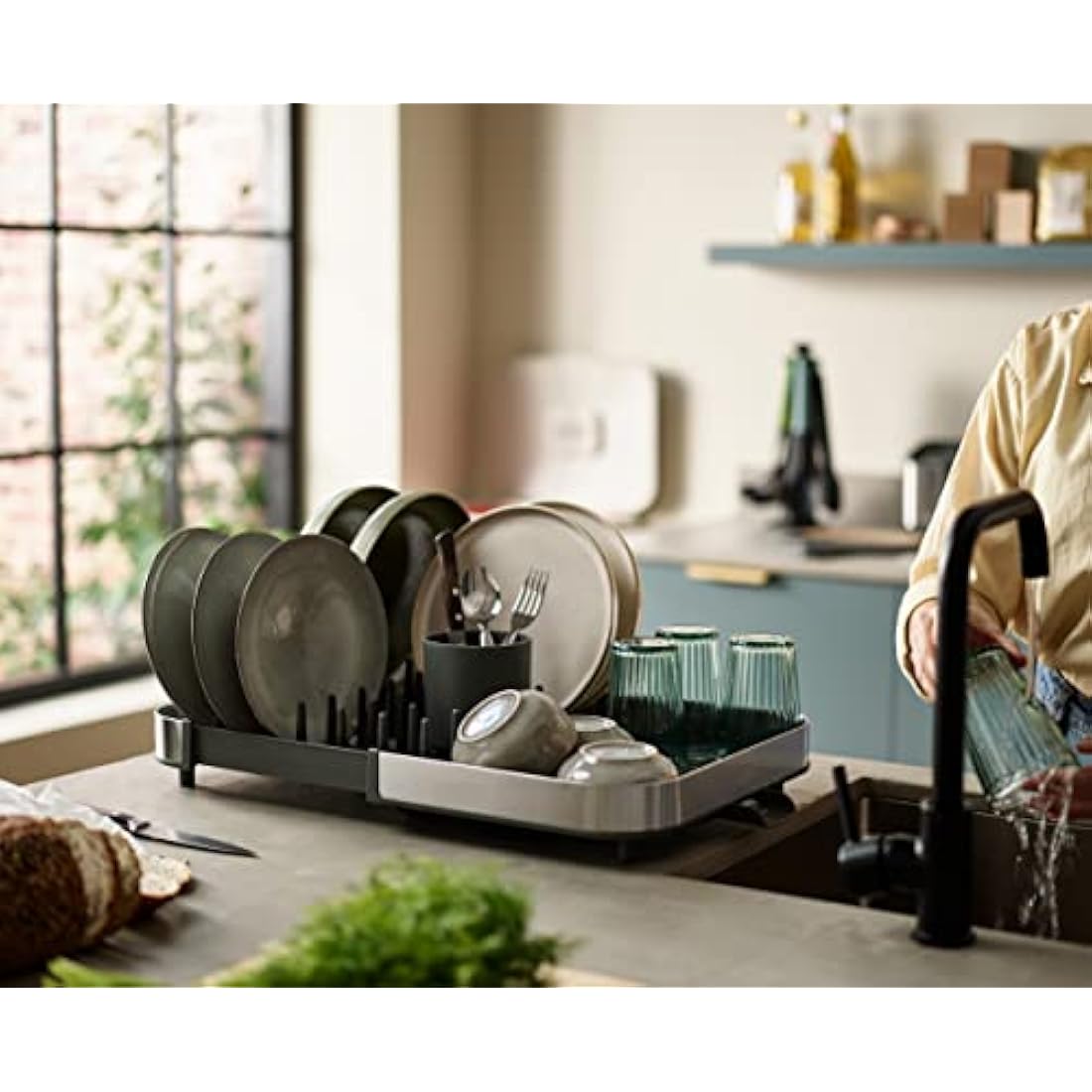 Joseph Joseph Duo Expanding Dish Drainer Rack with Removable Cutlery Holder, Draining Spout, Stainless-steel/Grey