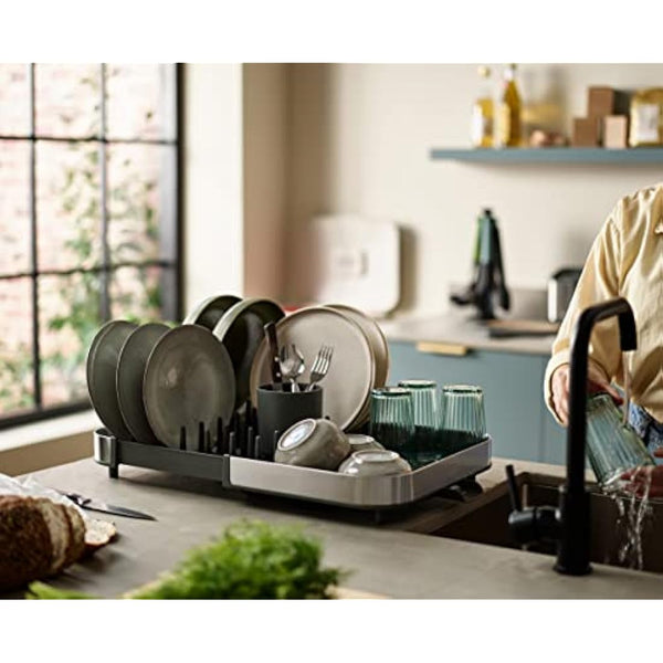 Joseph Joseph Duo Expanding Dish Drainer Rack with Removable Cutlery Holder, Draining Spout, Stainless-steel/Grey