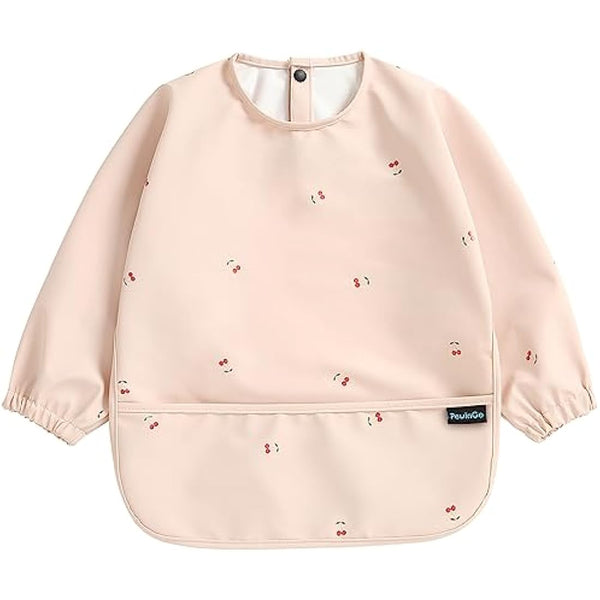 PewinGo Weaning Bib with Long Sleeves & BLW, Soft and Skin-Friendly Material, Coverall Bibs for Baby Feeding, Waterproof and Easy to Clean & Machine Washable, for Baby Infant Toddlers (Pink)