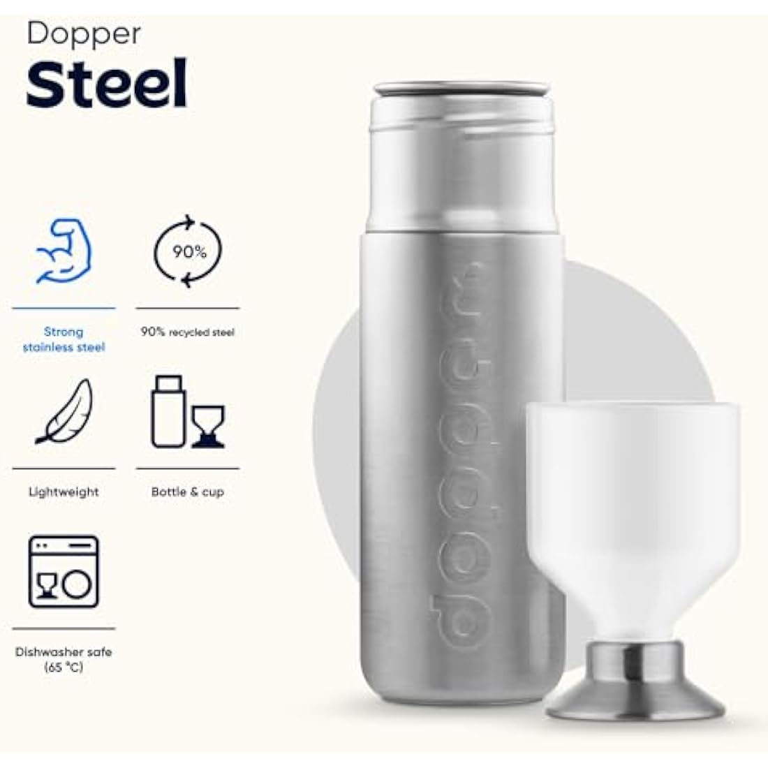 dopper Steel 1.1L Water Bottle - Stainless Steel Bottle - BPA Free Reusable 18/8 Stainless Steel Metal Sports Bottle for Sports and Office Use