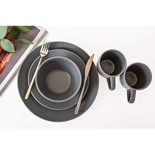 HOMD 16-Pieces Stoneware Dinnerware Set, Dinner Set, Kitchen Dinnerware Ceramic Crockery Set, Dinner Service Set for 4, Include Dinner Plate, Dessert Plate, Cereal Bowl and Mug (Gray)