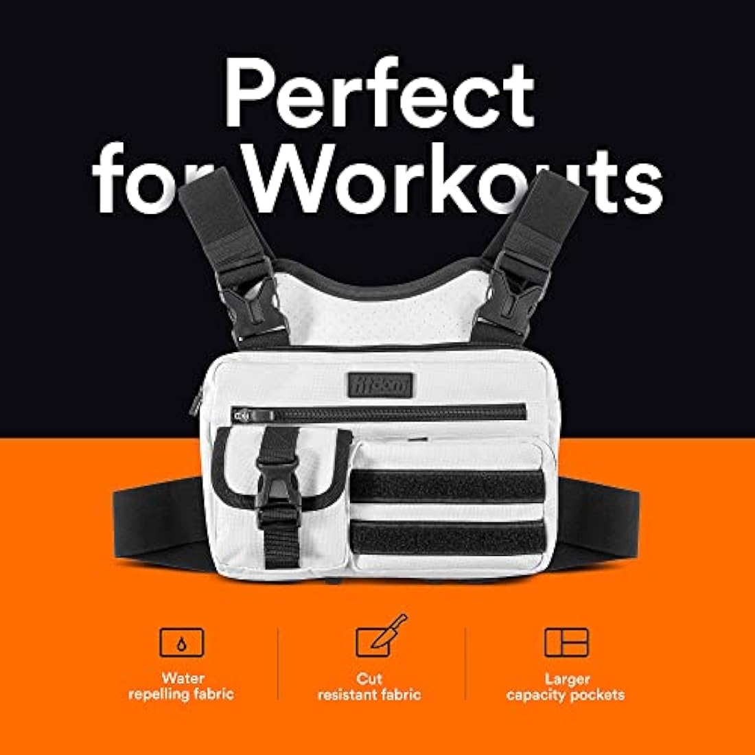 Fitdom Tactical Inspired Sports Utility Chest Pack. Chest Bag for Men with Built-in Phone Holder. This EDC Rig Pouch Vest is Perfect for Workouts, Cycling & Hiking, White, Vest Fit