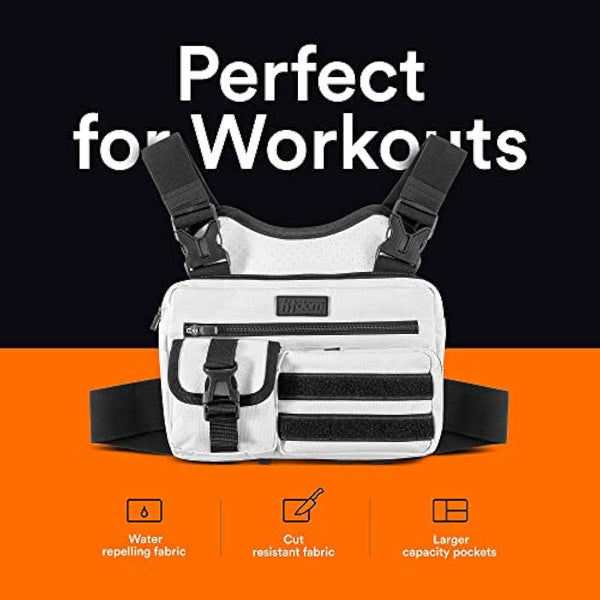 Fitdom Tactical Inspired Sports Utility Chest Pack. Chest Bag for Men with Built-in Phone Holder. This EDC Rig Pouch Vest is Perfect for Workouts, Cycling & Hiking, White, Vest Fit