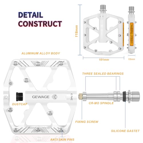GEWAGE Bike Pedals With Reflective Strips, 3 Sealed Bearings Non-Slip CNC Aluminum Bicycle Platform 9/16" Pedals For Road Bike MTB E-Bike. (White)