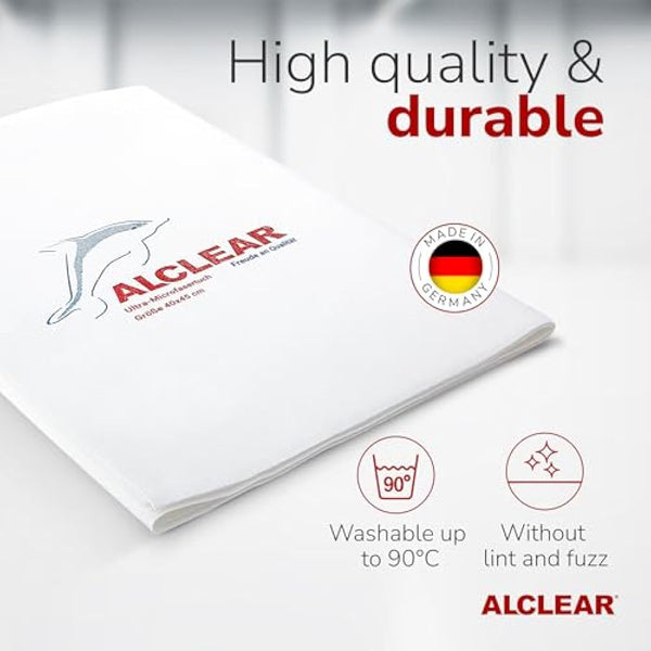 ALCLEAR Microfiber Glass Cloth Set - Pack of 5 Window Cloths 40x45 cm, streak-free glass cloths - lint-free, saves time without drying - designed in Germany - for household & car windows.