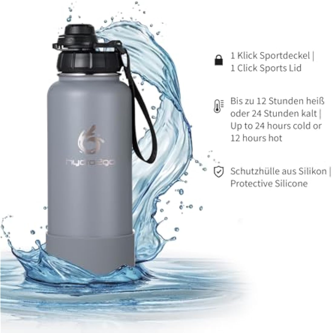 hydro2go Stainless Steel Water Bottle with Sports Lid – BPA-Free, Leak-Proof, Insulated Bottle for Sports & Outdoors, Keeps Drinks Cold 24h / Hot 12h (Quicksilver, 950 ml)