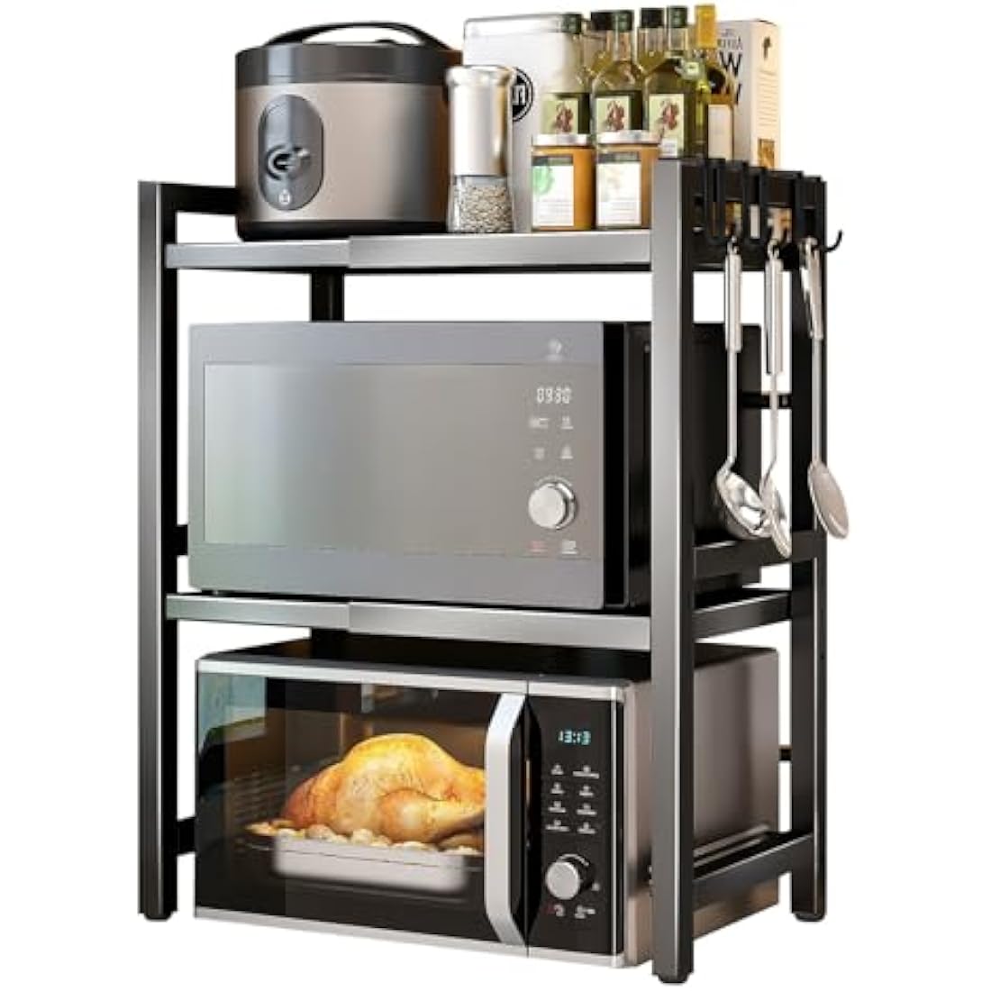 Haipky 3-Tier Expandable Microwave Oven Rack with 6 Hooks, Adjustable Metal Kitchen Shelf Stand for Countertop, Black Baker Rack Organizer