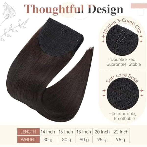 Elailite Human Hair Ponytail Extension Straight - Wrap Around Clip in Real Hair Ponytail 100% Remy Hair (#2 Dark Brown, 14 Inch)
