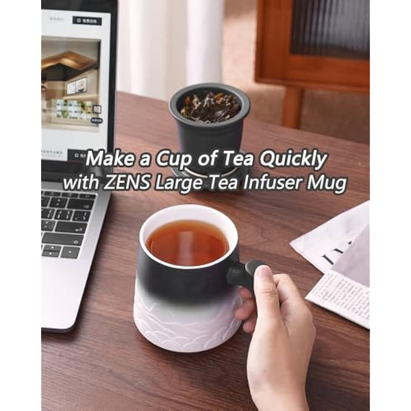 ZENS Tea Mug With Infuser and Lid, 500ML Embossed Ceramic Loose Leaf Cup With Fine Strainers for Diffusers, Wood Handle Infuser Mug for Steeper, Accessories for Women, Gifts for Tea Lovers