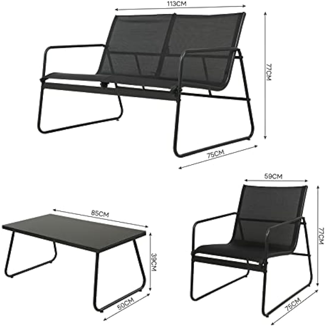 Grand patio Conversation Sets 4 Pieces, Garden Table, 2 Chairs, Loveseat, Waterproof, Breathable, Garden Furniture Sets for Outdoor, Backyard, Poolside (Black)
