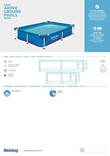 Bestway 56401 Steel Pro Pool | Swimming Pool, Rectangle Above Ground Fast Set Pool, Children’s Detachable Pool, Multiple Sizes, Blue, 221 x 150 x 43 cm