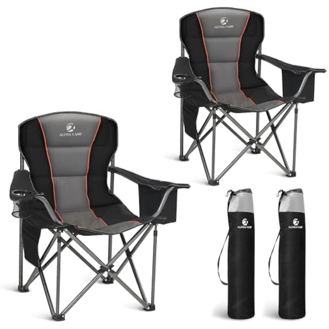 ALPHA CAMP Set of 2 Camping Chairs for Adults Heavy Duty Camping Chair Up to 200 kg Folding Camp Chairs with Cup Holder and Cooler Bag for Outdoor Picnic Fishing, Lightweight and Portable, Black