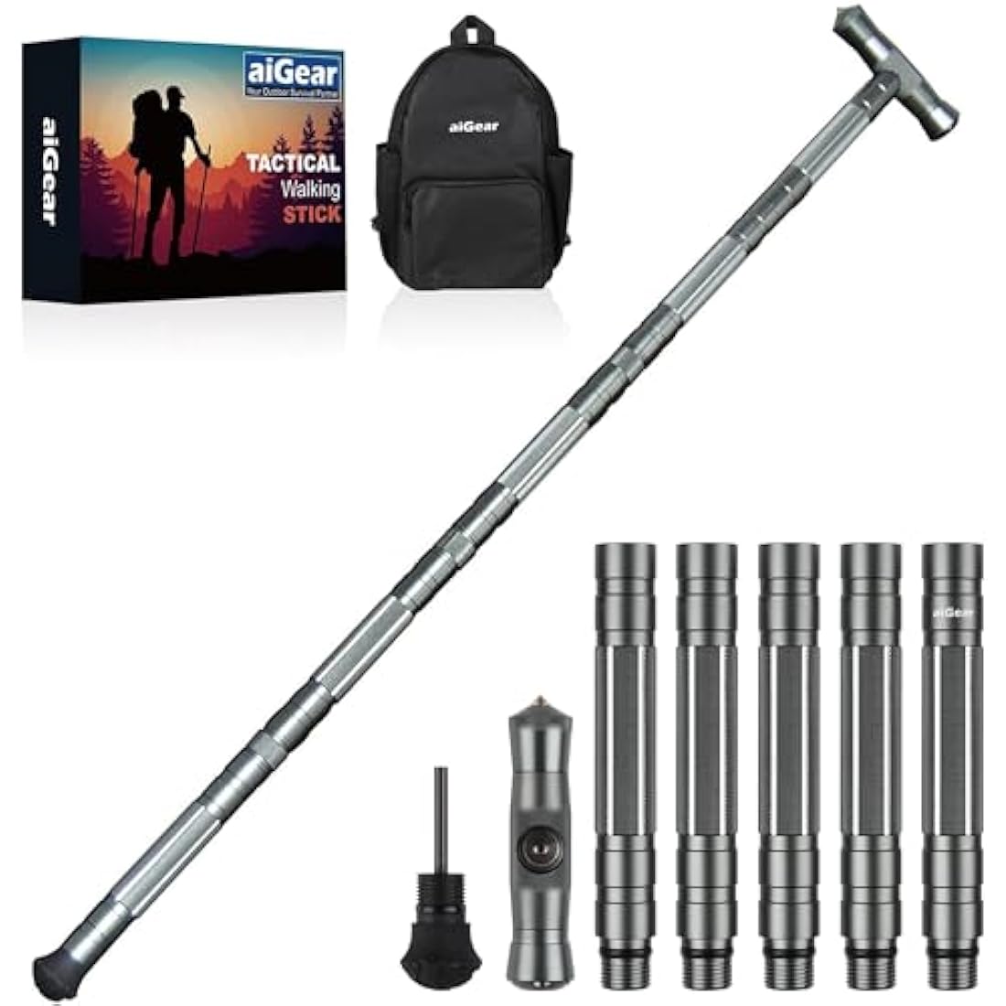 aiGear Tactical Stick/Hiking Walking Trekking Poles | CNC Machined Aluminum Tactical Cane - Adjustable Length | For Hiking Camping Mountaining Backpacking | Color Gray
