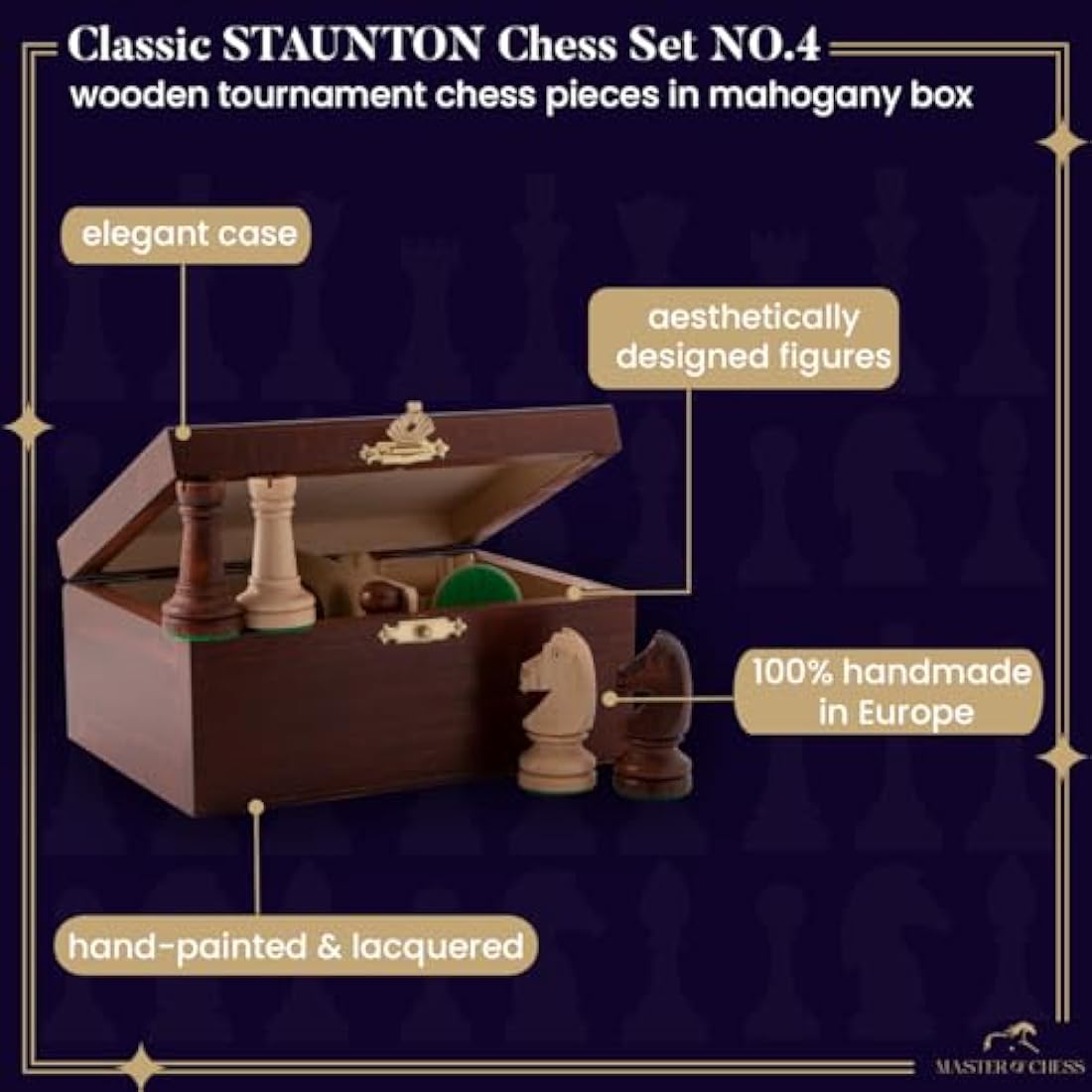 Classic STAUNTON Chess Set NO.4 in Mahogany Box | Master of Chess Wooden Chess Set | Wooden Chess Pieces Only - Handmade Tournament Chess Set Without Chess Table