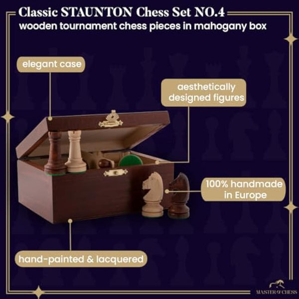 Classic STAUNTON Chess Set NO.4 in Mahogany Box | Master of Chess Wooden Chess Set | Wooden Chess Pieces Only - Handmade Tournament Chess Set Without Chess Table