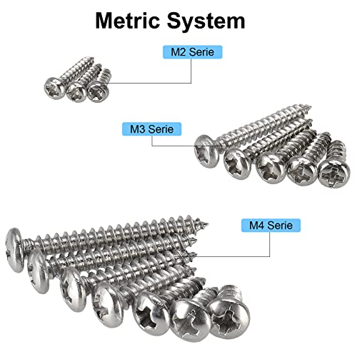 FandWay 595Pcs Self Tapping Screws 304 Stainless Steel,M2 M3 M4 Small Wood Screws Assortment,Pan Head Self Drilling Screw,Round Head Sheet Metal Screw Phillips Drive for DIY Wood Repairs.