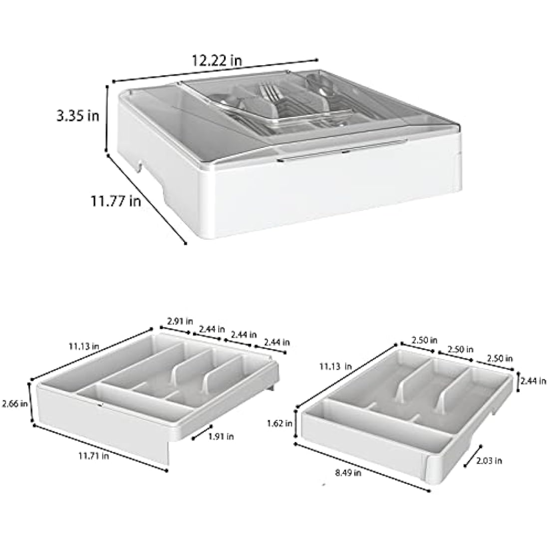 Double Layer Flatware Organizer with Lid, Cutlery Tray for Countertop Silverware Tray for Kitchen Drawers with 2 Tier Utensil Holder and 9 Compartments Silverware Storage Bin (White)