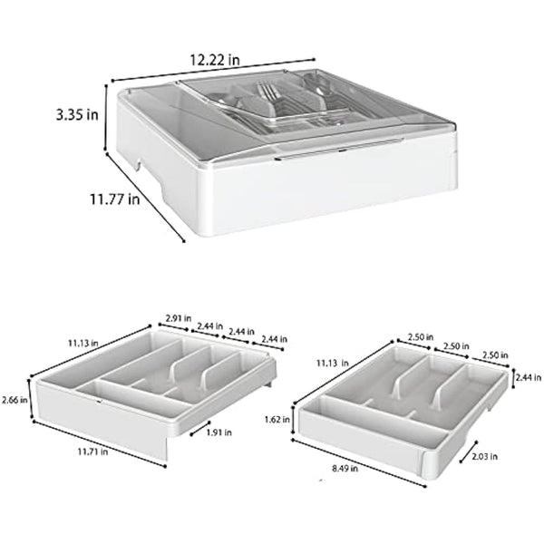 Double Layer Flatware Organizer with Lid, Cutlery Tray for Countertop Silverware Tray for Kitchen Drawers with 2 Tier Utensil Holder and 9 Compartments Silverware Storage Bin (White)