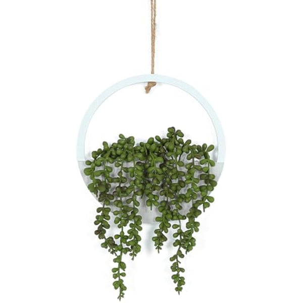 Hobyhoon Hanging Plant Artificial Succulents Fake String of Pearls Plants 12.2'' in Wooden Pot for Indoor Outdoor Wall Decor (1PCS)