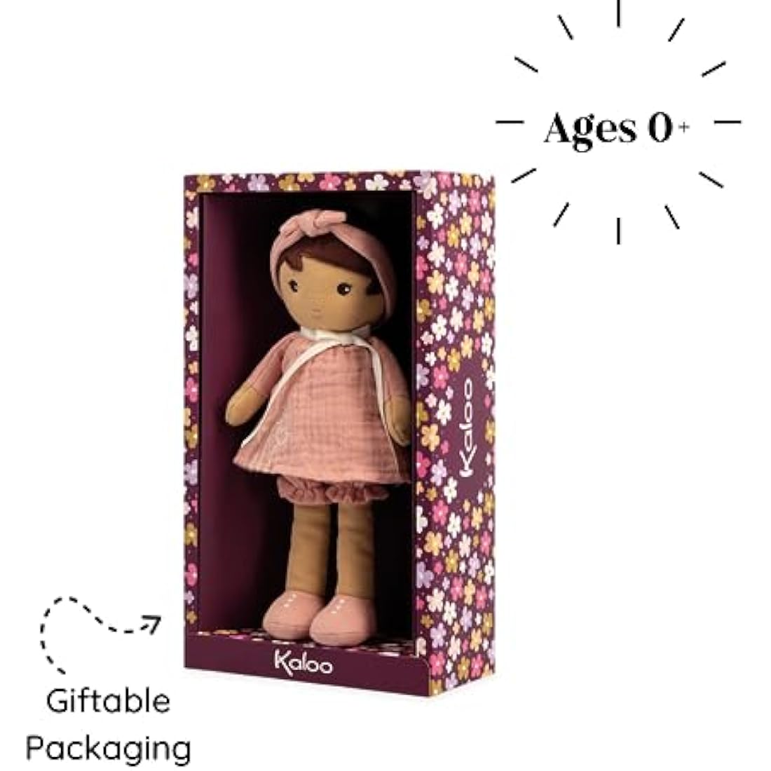 Kaloo - Tendresse - Amandine - My 1st Soft Doll - 25 cm Fabric - Pink Muslin Dress - Olive Skin - Pretty Gift Box and Customisable Ribbon - 0 Months +, K200004, MEDIUM
