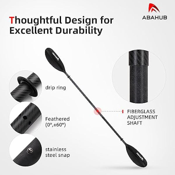 Abahub 3-Piece Kayak Paddle Carbon Adjustable 220 cm to 240 cm Double Paddle with Paddle Leash for Kayaking Rowing Boat, Carbon Shaft Plastic Blades Black/White/Blue/Green/Orange/Yellow/Turquoise