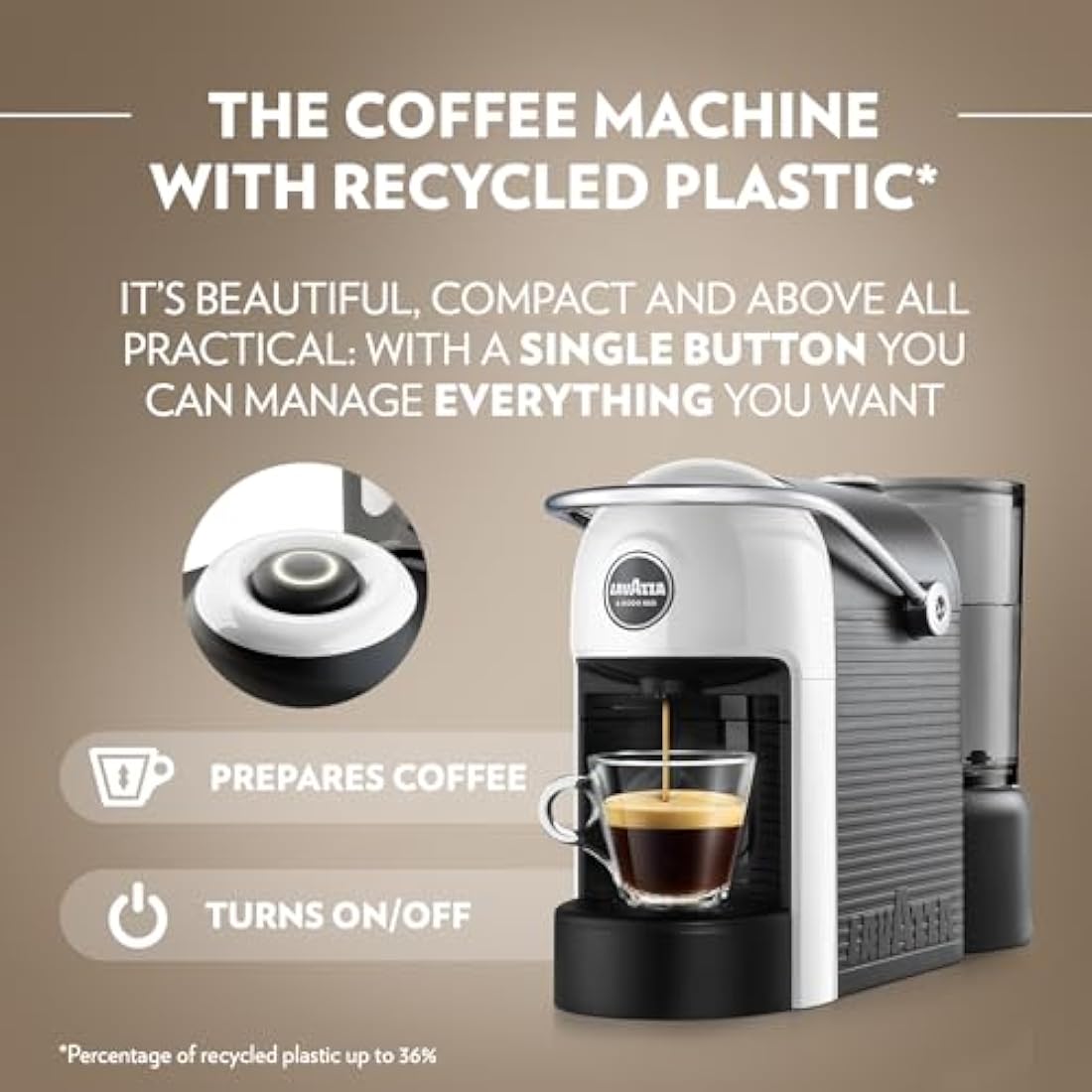 Lavazza, A Modo Mio Jolie EVO, Coffee Capsule Machine, Made from 36% Recycled Plastic, Compatible with A Modo Mio Pods, with Removable Cup Rest, Automatic Shut-Off, 1250 W, 220–240 V, 50–60 Hz, White