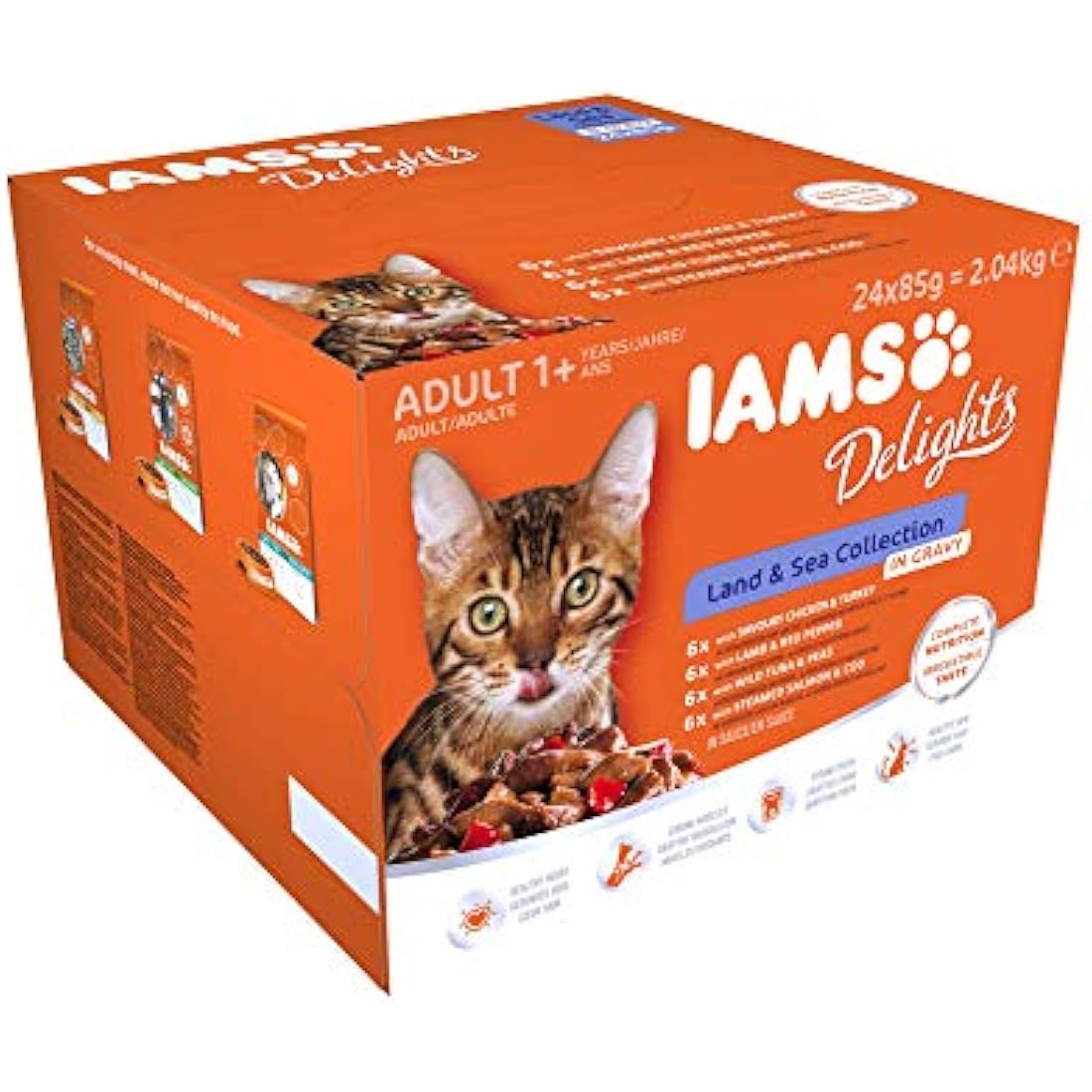 IAMS Delights Complete Wet Cat Food for Adult 1+ Cats Meat and Fish Variety in Gravy Multipack 24 x 85 g Pouches