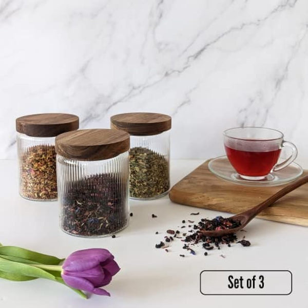 Mason & Fable Ribbed Glass Jar with Wooden Lid 500ml set of 3 | Airtight Glass Storage Canister for Food, Pasta, Coffee, Dog Treats, Snacks | Container for Home & Kitchen