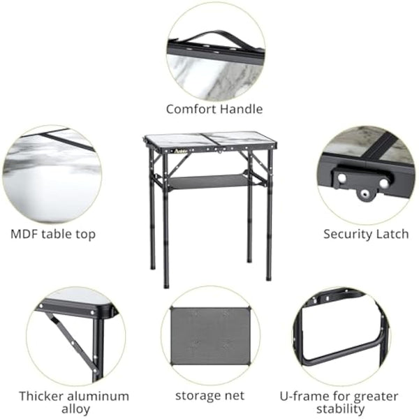 Anbte Folding Camping Table with Storage Net, 3 Adjustable Heights Aluminum Small Folding Table with Carry Handle, Lightweight, for Outdoor Indoor Travel Camping Picnic BBQ Beach, 58 cm x 40 cm