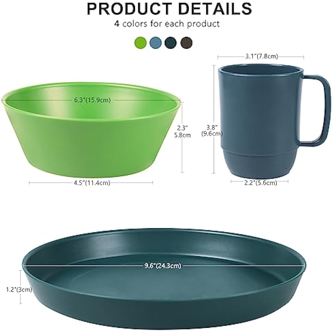 Greentainer Plastic Unbreakable Dinnerware Sets,12PCS Camping Tableware, Lightweight Plates, Bowls and Mugs, Microwave& Dishwasher Safe Plates Set, Service for 4, Great for Kids & Adults