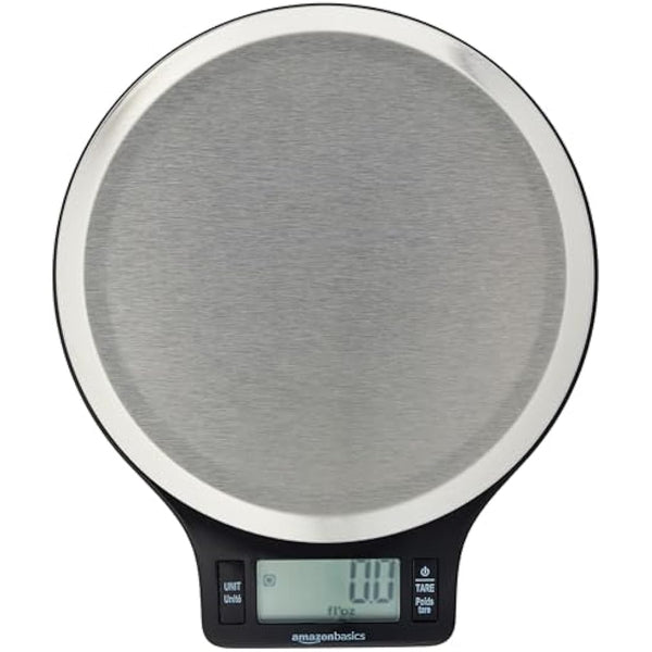 Amazon Basics Digital kitchen scales with LCD display (with batteries), Black and Stainless Steel, BPA free, Weighs up to 11 pounds