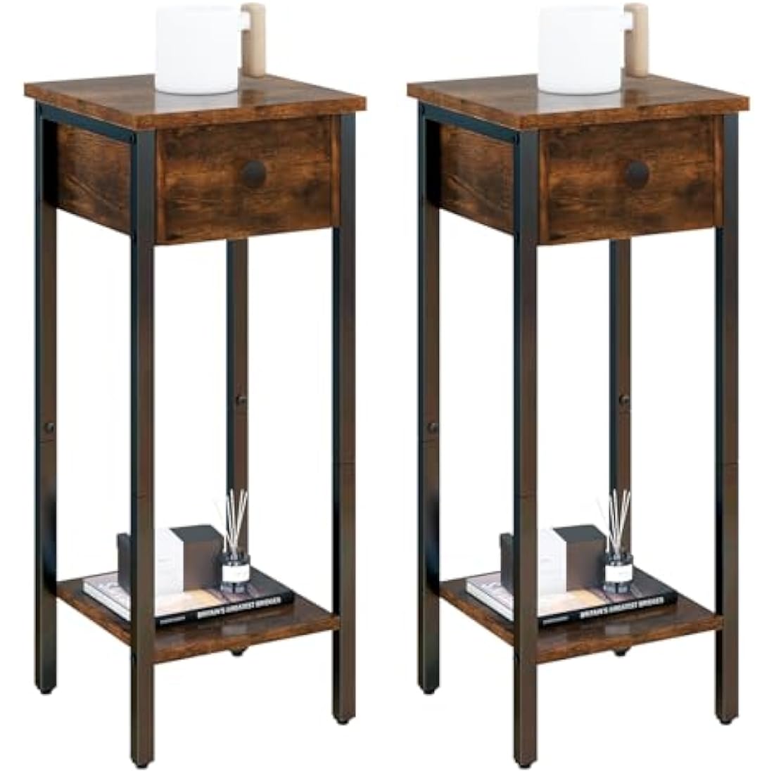 IBUYKE Slim Bedside Table Set of 2, Narrow Nightstand with Drawer, Telephone Table for Small Spaces, 25x25x70cm, Small Side End Table for Bedroom Living Room Hallway, Brown TMJ417H-2