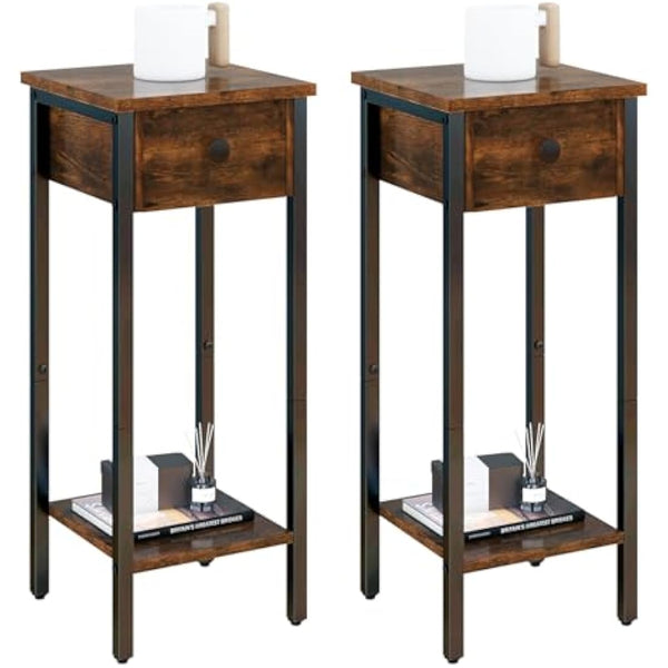 IBUYKE Slim Bedside Table Set of 2, Narrow Nightstand with Drawer, Telephone Table for Small Spaces, 25x25x70cm, Small Side End Table for Bedroom Living Room Hallway, Brown TMJ417H-2
