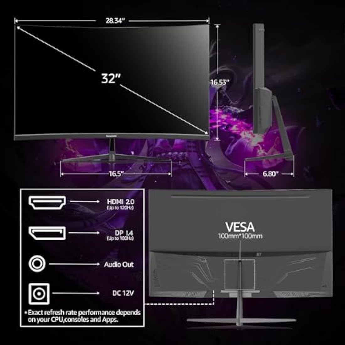 32 inch Gaming Monitor 1800R Curved Computer Monitors 165HZ/180HZ, FHD 1080p PC Monitors VA Screen for Home, Office and Dormitory