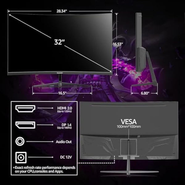 32 inch Gaming Monitor 1800R Curved Computer Monitors 165HZ/180HZ, FHD 1080p PC Monitors VA Screen for Home, Office and Dormitory